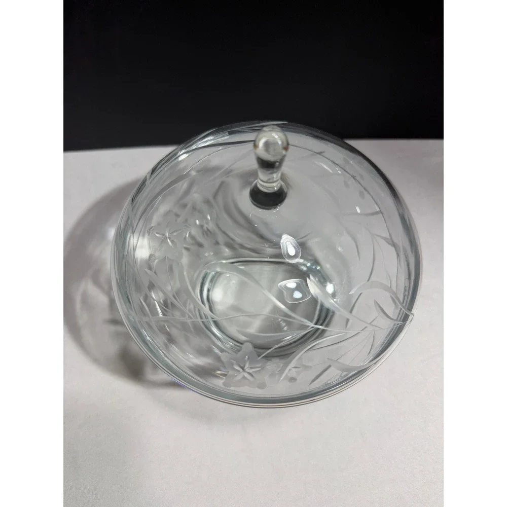 Vintage Etched Clear Glass Candy Dish with Lid Floral Pattern Pedestal Bowl